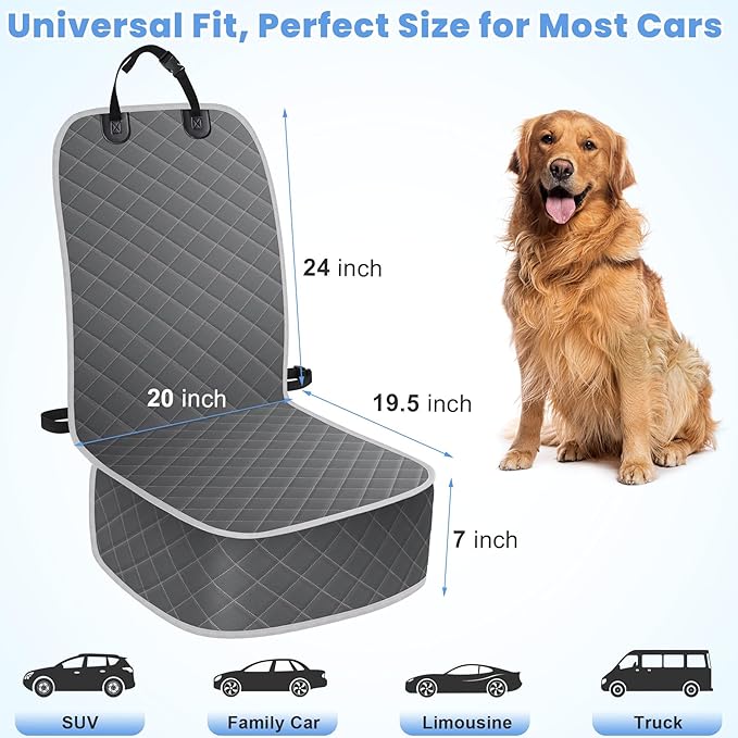 ELONGRIVER Dog Car Seat Covers, Waterproof Front Seat Cover for Dogs, Scratch-Proof, Nonslip Pet Passenger Seat Cover Protector, Universal Fit for Cars Trucks SUVs, Standard Size, Grey