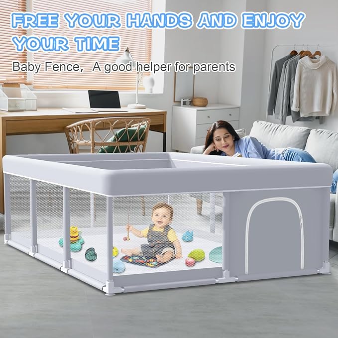 Baby Playpen 74 x 50 Inch Play Pen Playards, Playpen for Babies and Toddlers, Baby Playard for Indoor & Outdoor Active Center Game Fence, with Skin-Friendly Fabric and Soft Breathable Mesh Grey
