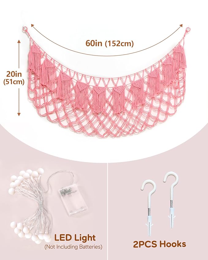 Boho Macrame Stuffed Animal Hammock with LED Lights – Large Wall Hanging Plushie Net, Corner Toy Organizer for Kids Bedroom, Nursery, Playroom & Dorm (Pink XXL)