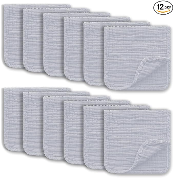 Ease Cubs Muslin Burp Cloths Large 100% Cotton Hand Washcloths for Boys & Girls, Baby Essentials Extra Absorbent and Soft Burping Rags for Newborn Registry (Slate, 12-Pack, 20" X10")