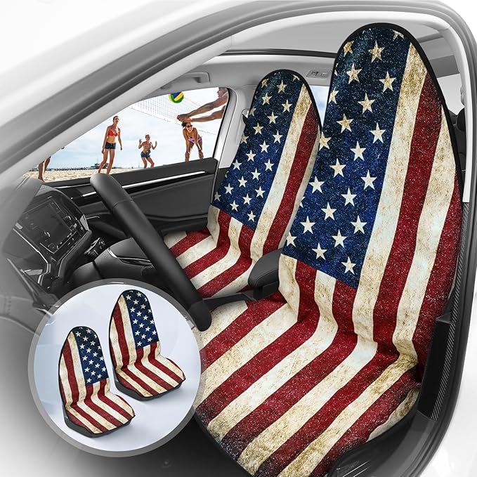 ZIMABLUE Towel Seat Cover - Waterproof Terry Cloth Front Seat Protector for Gym and Beach, Sweat-Absorbent, Non-Slip(American Flag,2 Pack)