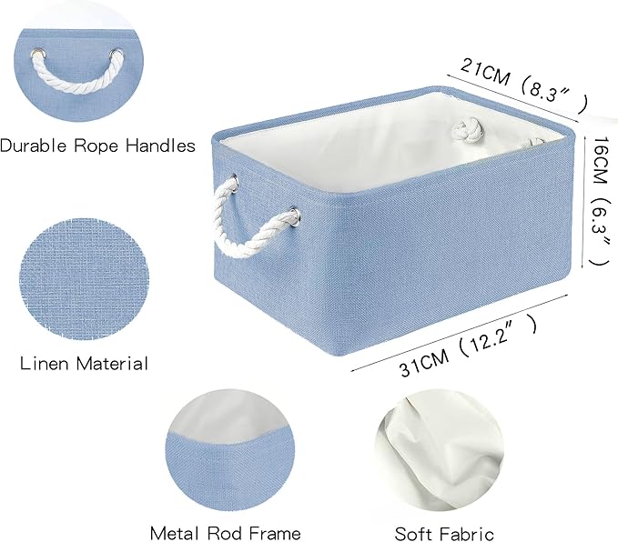 LordCom Storage Bins with Sturdy Cotton Handles(3 Pack), Fabric Storage Baskets for Organizing use for Office & Home, Book, Clothes, Toys, Closet Boxes (Small, Blue, 12.2x8.3x6.3 inches)