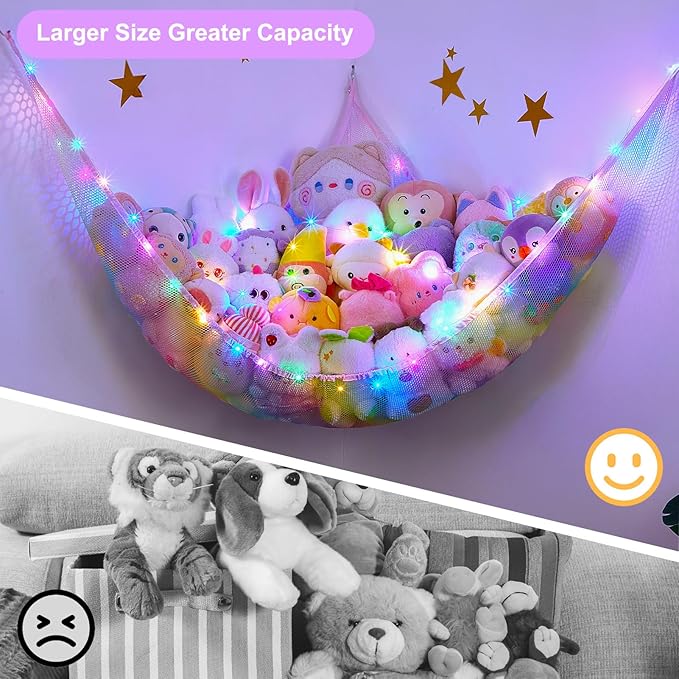 Unicorn Castle Stuffed Animals Net or Hammock Kids Toy Storage Organizer with LED Light Hanging Corner Stuffed Animals Holder Kids Girls Room Decor,Rainbow-A,XLarge (Pack of 1)