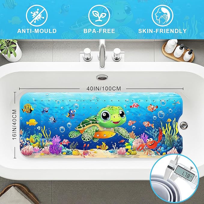 Upgrade Cartoon Baby Bath Mat Non Slip - 40"x16" Extra Long Bathtub Mat for Baby Eco Friendly Durable Bath Mat for Tub Non Slip Kids Tub Mat with Suction Cups, Machine Washable and No Fading, Turtle