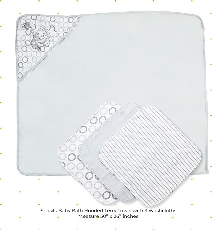 Spasilk 4-Piece Soft Terry Hooded Bath Towel and Washcloth Set, 1 Baby Towel and 3 Baby Washcloths for Newborn Boys and Girls, Gray Lion