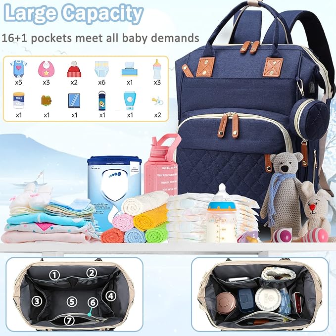 SHITIESHOU Diaper Bag Backpack Baby Bag, Baby Girl Boy Diaper Bag for Dad Mom with Pad, 16 Pockets, Pacifier Case, Large Diaper Bags Unisex for Travel (Blue)