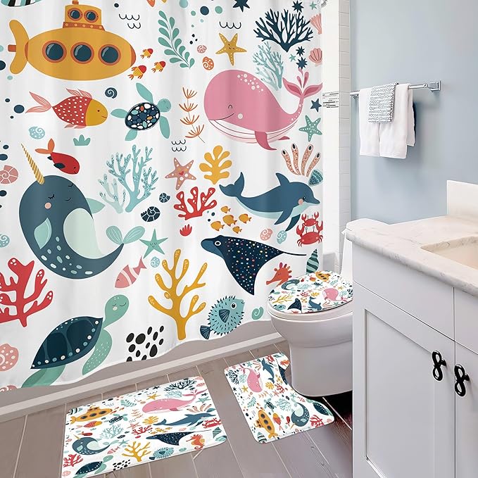 4 PCS Kids Shower Curtain Set 72Wx72H Kid Toddler Bathroom Set Summer Ocean Fish Cute Whale Funny Underwater Bath Rug Toilet Lid Cover U Shape Mat Accessories 12 Hooks Bathroom Decors