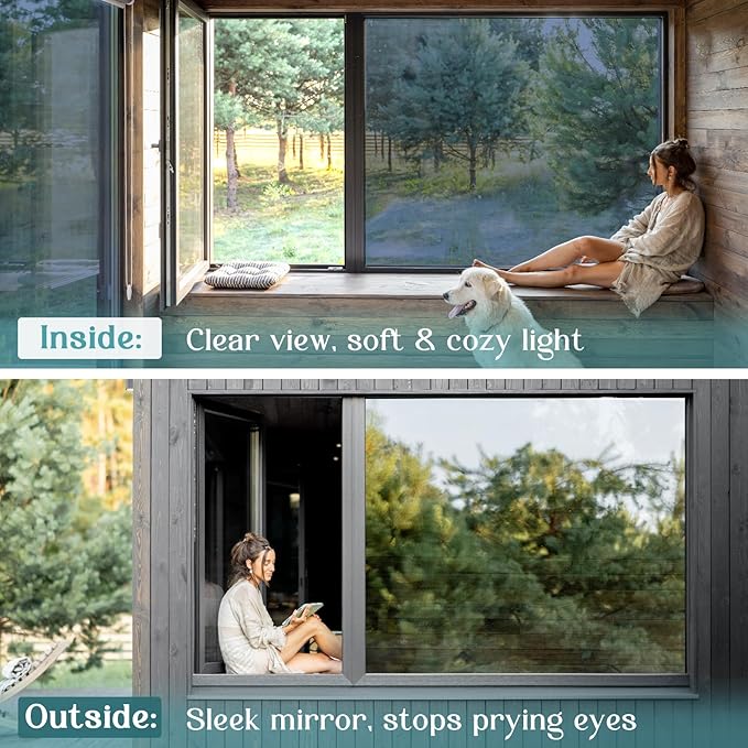 Haton Window Privacy Film One Way Window Tint for Home, Sun UV Blocking Heat Control Reflective Mirror Film, No Glue Static Cling See Out Not in Glass Door Covering, Blue Silver, 17.5" x 157.4"