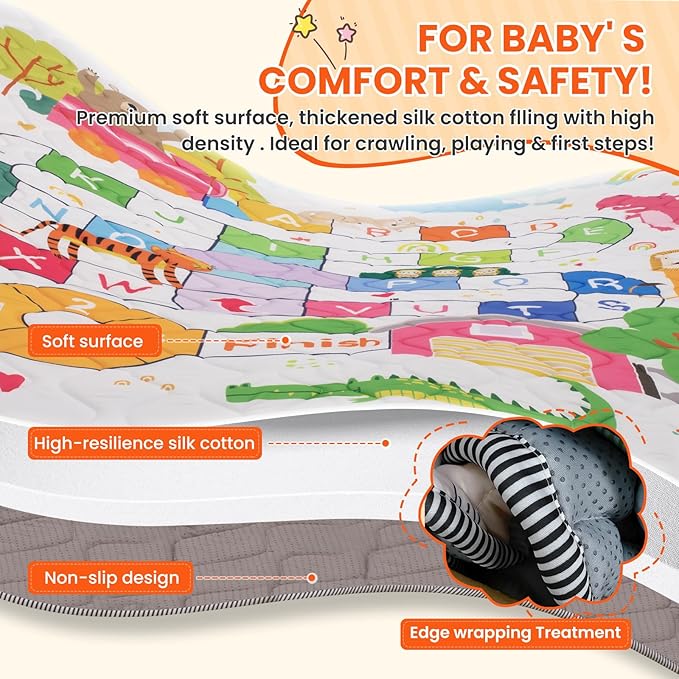 Duwenem Baby Play Mat for Floor,50x50 Inch Soft Padding Crawling Mat, Foldable and Machine Washable, Thick for Babies & Toddlers,Animal School