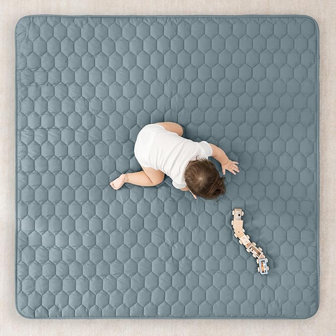 Comfy Cubs Square Kids Play Mat - 56 x 56 inches Soft Quilted Baby Floor Mat with Non-Slip Bottom - Plush Design for Toddlers' Playtime - Comfortable and Durable - Pacific Blue
