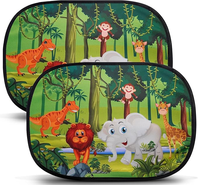 ABSOFINE Car Window Sun Shades for Baby Kids 2 Pack 19"x14", Animals Cartoon Window Shades Sun Blocker Cover, Baby Car Shades for Back Windows with 8 Suction Cups and Storage Bag, Anti Glare & UV
