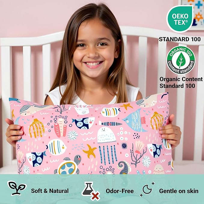 ZPECC Toddler Pillow with Pillowcase - 13x18 Organic Cotton Hypoallergenic Kids Pillow, Baby Essentials for Travel Crib Daycare Stroller (Intended for Age 2 and up) Ocean