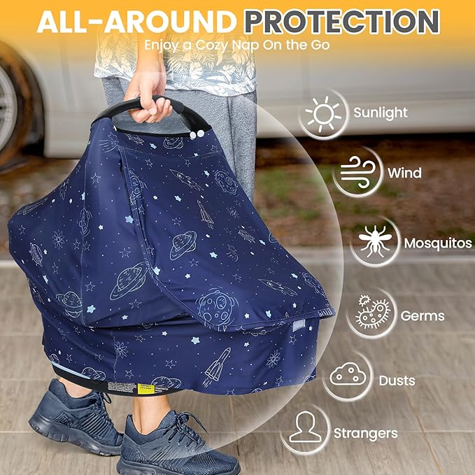 Orzbow Baby Car Seat Cover, Breathable Car Seat Canopy for Girls Boys with Mesh Window, Lightweight Baby Carrier Cover for Wind, Dust, Sun and Insects Protection, Universal Fit, Dark Blue