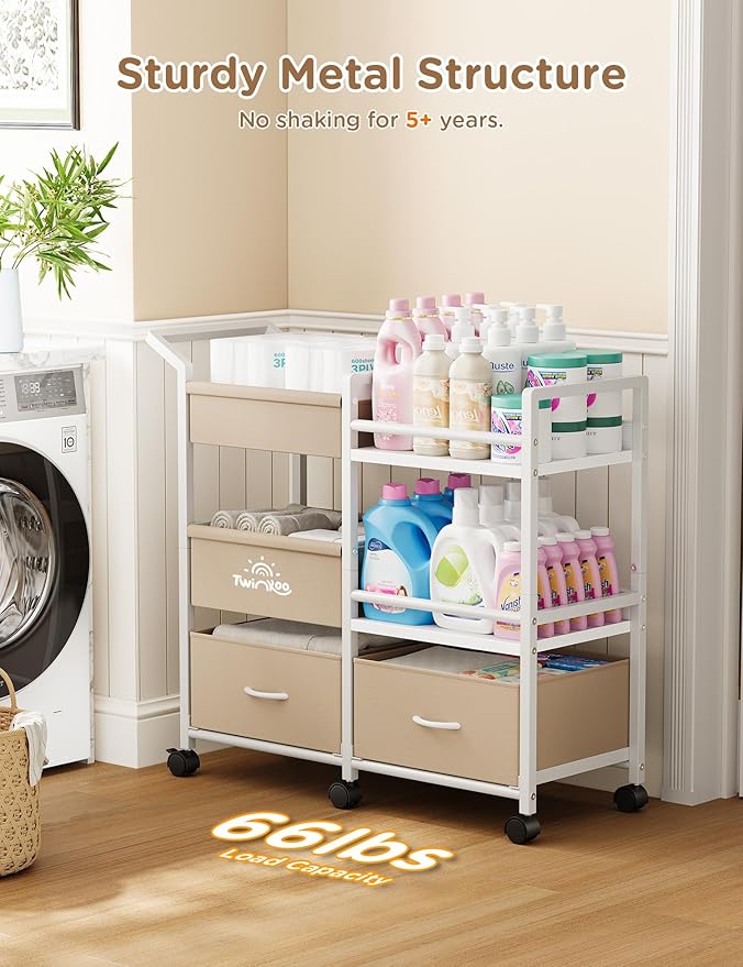 2-in-1 Baby Diaper Caddy Organizer, 3 Tier Rolling Storage Cart with Dividers and Drawers, Baby Essentials for Nursery Storage, Mobile Utility Cart with Wheels Large Capacity Easy to Assemble