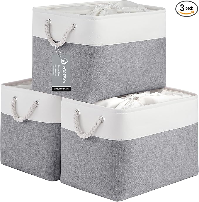 Large Storage Baskets- 16x12x12 inch Storage Bins for Shelves and Closet Organizing, Foldable Fabric Bin for Home Organization Clothes and Laundry (3-Pack, White&Gray)