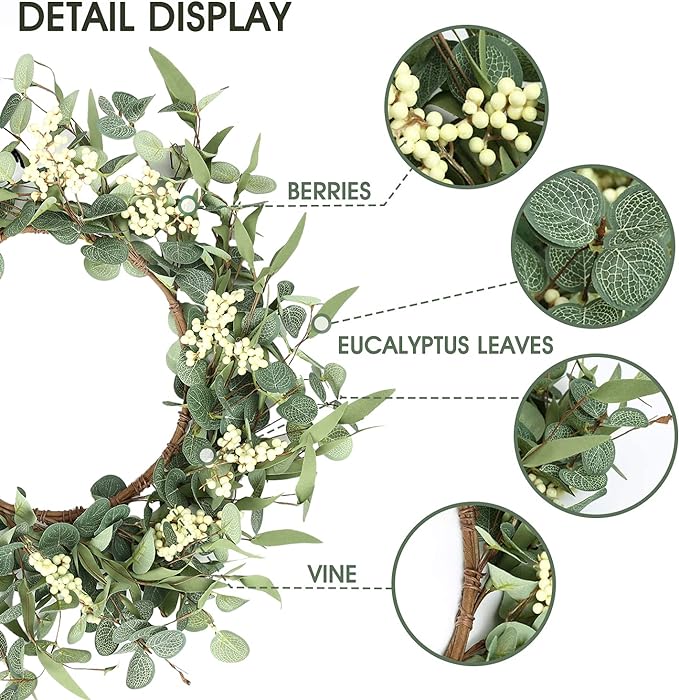 Pinkpum 20'' Eucalyptus Wreath for Front Door, Porch, Window - Green Decor for Home, Farmhouse - Spring, Summer, Fall, All Seasons
