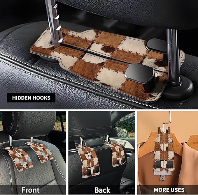 NUGGHU Car Seat Headrest Hook, Universal Leather Cute Hanger Holder Hook, Storage Organizer Interior Accessories for Purse Bags Handbag Retro Cowhide Plaid