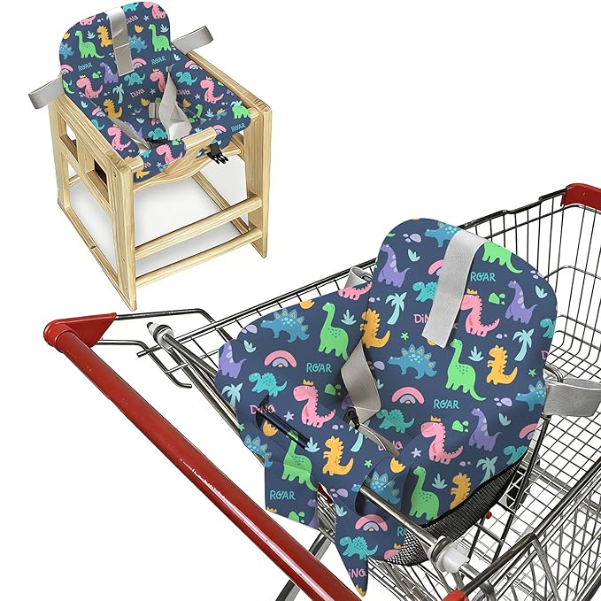 Shopping Cart Cover for Baby &High Chair Cover, Padded with Detachable Strap & Thigh Pad, Machine Washable, Padded Toddler Shopping Cart Cover Grocery Cart Cover (Dinosaur Print)