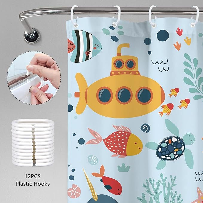 Blue Kids Shower Curtain 60Wx72H Kid Ocean Whale Funny Summer Cartoon Cute Fish Sea Animal Boy Girl Nursery Bathroom Decor Underwater Submarine Coastal Bath Curtain Polyester 12 Pack Hooks