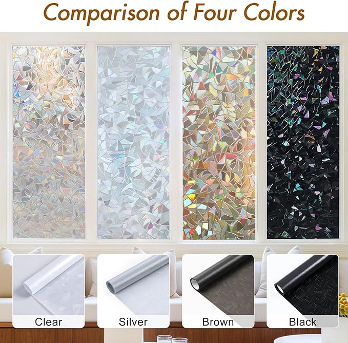 Haton Window Privacy Film, Stained Glass Rainbow Film Decorative Window Clings, Static Cling Sun Blocking Sticker Decal Covering Tint for Home Heat Control, Non-Adhesive, Brown 23.6" x 157.4"