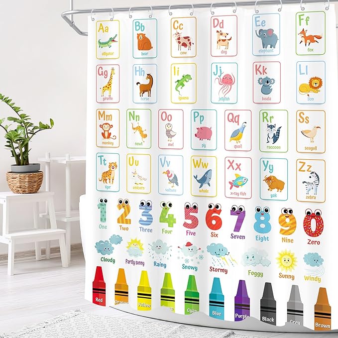 Alphabet ABC Kids Shower Curtain 72Wx72H Colorful Cartoon Children Animal Cute Educational Number Learning Bathroom Curtain Set Nursery Baby Boys Girls Fabric Bathroom Decor with 12 Hooks