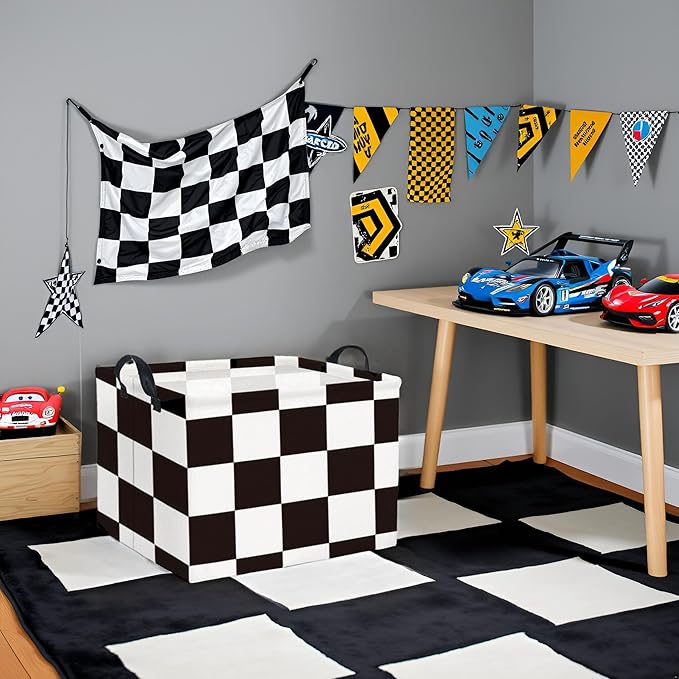 TIBAOLOVER Rectangular Checkered Basket Storage Bin Collapse Storage Basket with Handles for Organizing Home Kitchen Boys and Girls Toys Office Closet Shelf Baskets (Race Flag)