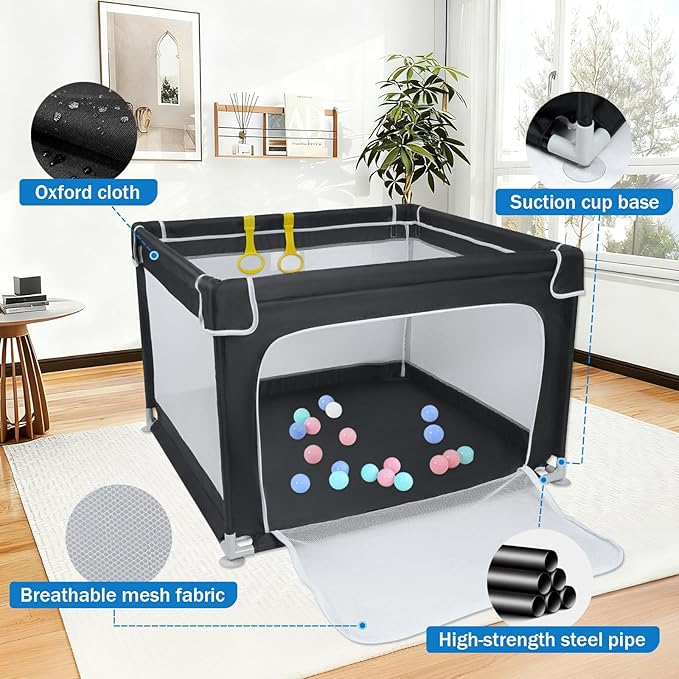 Baby Playpen for Babies and Toddlers,Small Baby Fence Floor Yard,Soft Breathable Mesh, Anti-Slip Base, Mini Play Yard with Pull-Up Ring Safe Anti-Fall Play Yard with Gates,36"X36"in
