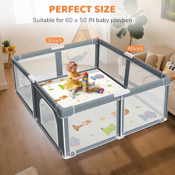 Omzer Baby Play Mat for Floor: Soft & Safe - 1.3'' Thick Foam Playpen Mat with Machine Washable Removable Cloth Cover for Tummy Time- Non Slip Crawling Pad for Toddler,Infant,Kids(Beige, 65''x 50'')
