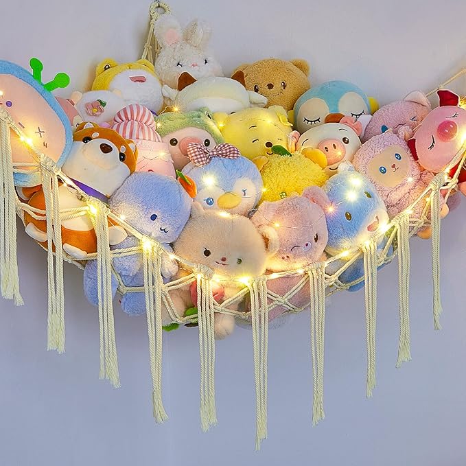 Basumee Stuffed Animals Net or Hammock with LED Light, Hanging Stuffed Animals Storage Toy Hammock Net Corner Wall Girls Room Decor Toy Storage Organizer, Cream, L