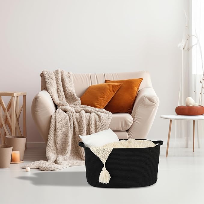 Large Rectangle Blankets Basket Living Room 22"x17"x12" Woven Cotton Rope Storage Baskets for Nursery Toy Baskets for Kids and Dogs Wicker Laundry Basket Bin for Clothes Towels black
