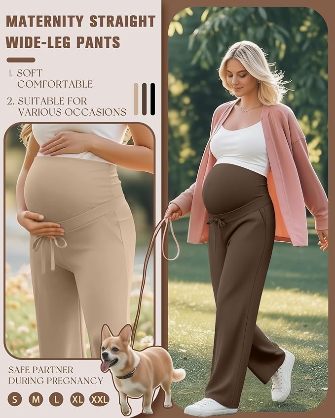 3 Pcs Maternity Sweatpants Over The Belly Pregnancy Straight Wide Leg Elastic Drawstring Pants Joggers with Pockets
