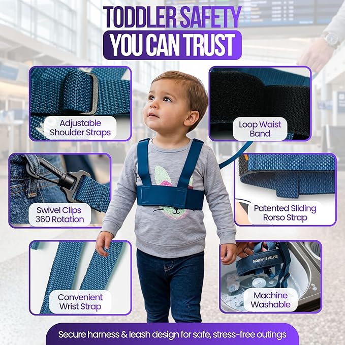 Toddler Leash & Harness for Child Safety - Keep Kids & Babies Close - Padded Shoulder Straps for Children's Comfort - Fits Toddlers w/ Chest Size 14-25.5 Inches - Kid Keeper by Mommy's Helper (Blue)