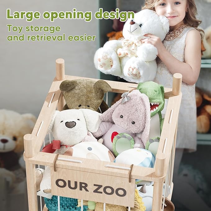Dayacoco Stuffed Animal Storage, Wood Stuffed Animals Organizer Holder Zoo, Extra Large Capacity Stuff Storage with Elastic Band and Net for Nursery Kids Play Room Bedroom (Pine wood)