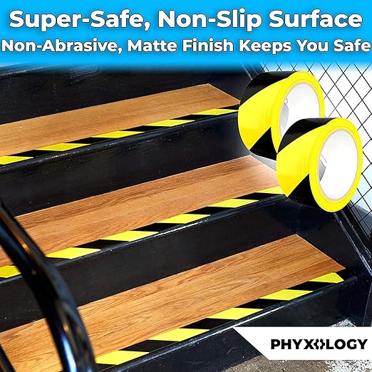 Double-Roll of Ultra-Adhesive Black & Yellow Hazard Tape for Floor Marking 2 Pk. Mark Floors & Watch Your Step Areas for Safety with High-Visibility Anti-Scuff Striped Vinyl by Phyxology Supply.