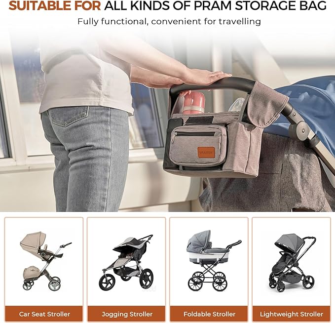 WUUTER Stroller Organizer with Cup Holder Detachable Wristlet Large Capacity Baby Stroller Bag for Mom, Fits Uppababy, Baby Jogger, Britax, BOB, More (Grey)