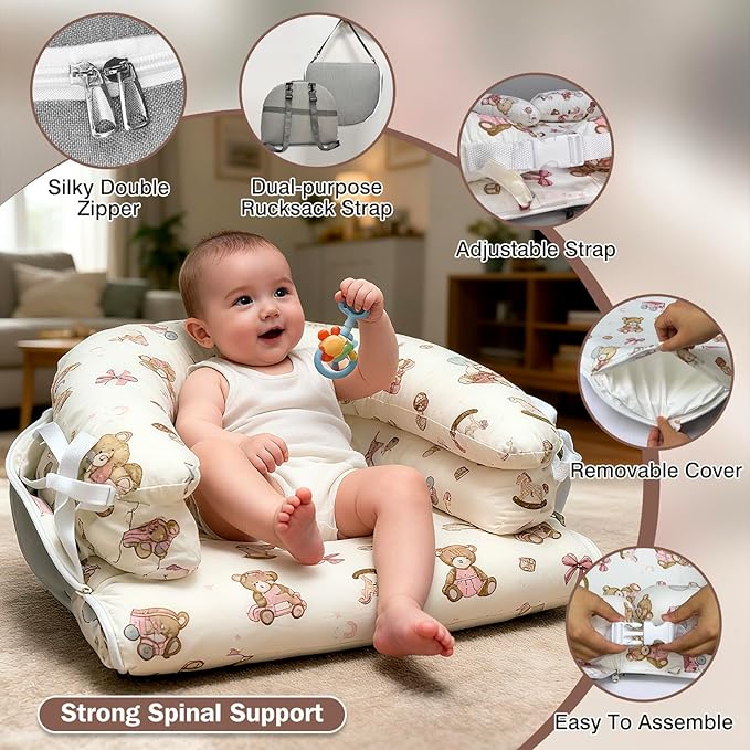 Baby Lounger, Foldable Portable Waterproof Baby Nest Cover, 0-24 Months Newborn Tummy Time Training & Seating Support Pillow, Dual-Use Breathable Infant Lounger Backpack for Home & Travel (Pink Bear)