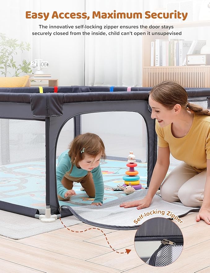 Dripex Baby Playpen with Mat, 71"x47" Play Pen for Toddlers 1-3 Years, Soft Breathable Visible Mesh, Indoor/Outdoor Portable Play Yard with Mat, Safe Baby Fence Play Area, Dark Grey