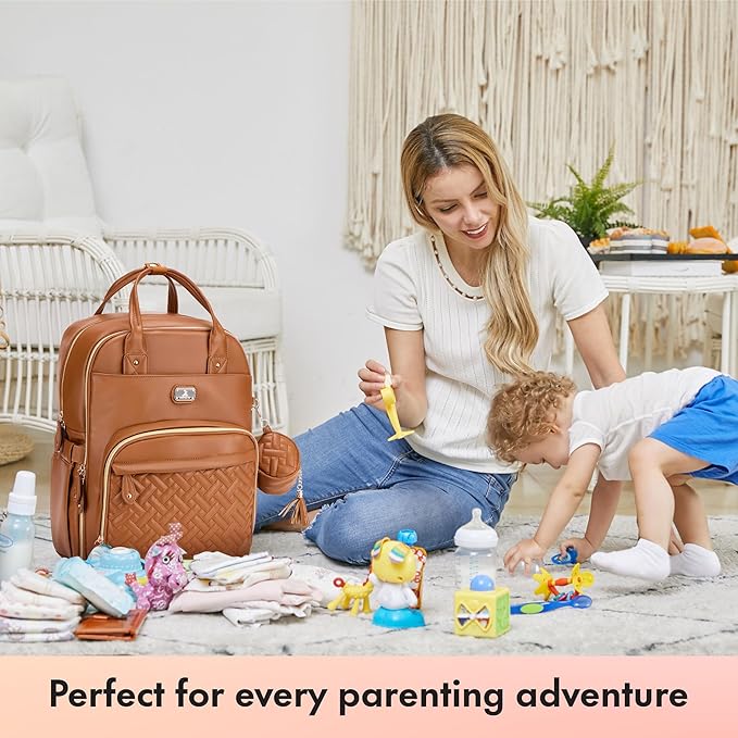 Dikaslon Leather Diaper Bag Backpack with Portable Changing Pad, Pacifier Case and Stroller Straps, Large Unisex Baby Bags for Boys Girls, Multipurpose Travel Back Pack for Moms Dads, Dark Brown