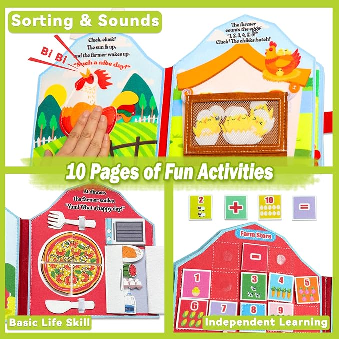 EggSun Busy Board for Toddlers 1-3, Farm Animals Quiet Busy Book for 1 Year Old, Felt Montessori Toys Educational Learning Activity Books, Airplane Car Travel Toys for Boys Girls Kids Birthday Gifts
