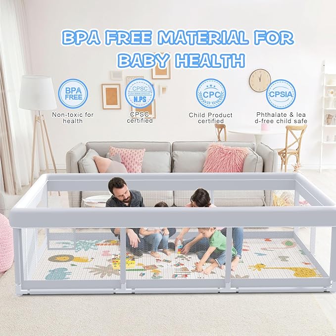 XVISHX Baby Playpen with Mat, 74 x 50 Inch Playpen for Babies and Toddlers, Baby Playard for Indoor & Outdoor Active Center Game Fence, with Skin-Friendly Fabric and Soft Breathable Mesh, Grey
