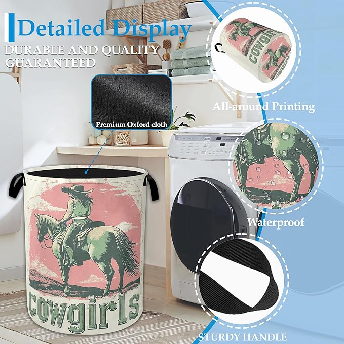 Vintage Cowgirl Laundry Basket Collapsible Laundry Hamper, Oxford Cloth Storage Bin for Room/Bathroom/Bedroom/Dormitories 16" X 20.8"
