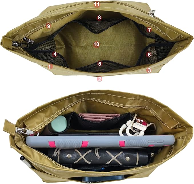 Time Wing Handbag Tote Purse Organizer Insert Bag Liner Shaper Pocketbook Divider Zipper 11 Pockets Compartments X Large Khaki Green