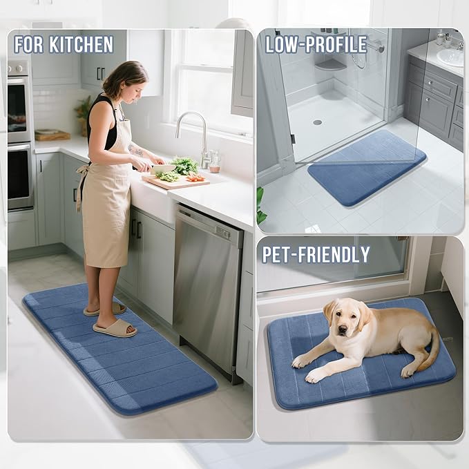 Yimobra Large Bath Mat 36"x24", Super Soft Quick Dry Memory Foam Bathroom Rug, Water Absorbent, Non Slip Backing Machine Washable for Tub Shower, Thick Comfort Support, Denim Blue