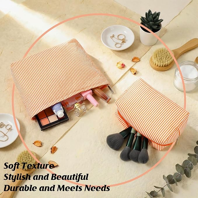 2 Pcs Makeup Bag Set Cute Cosmetic Pouch for Women Seersucker Travel Toiletry Bag Preppy Small Makeup Purse Pouch Aesthetic Skincare Brushes Storage Organizer for Valentine Women(Orange)