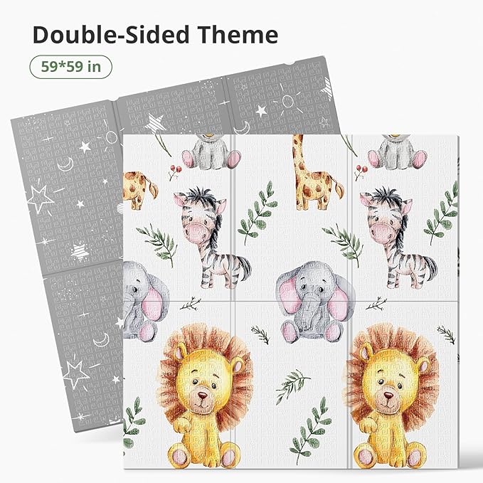 59x59 Foldable Foam Baby Play Mat for Floor, Babies Activity Tummy Time Playmat, Kids Non Toxic Foam Thick Play Mat for Baby, Toddlers, Waterproof & Anti-Slip Crawling Mats,Lion,59x59x0.4
