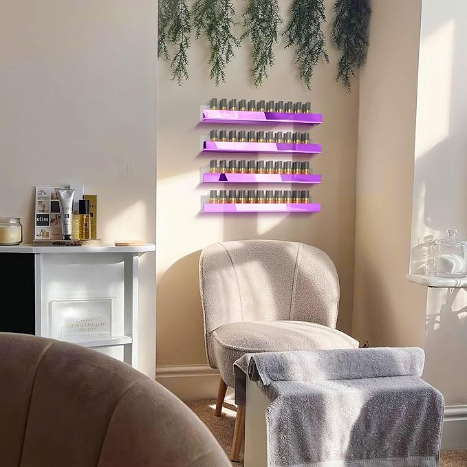 RORKIM 4 Pack 15 Inch Purple Reflective Acrylic Shelves, Purple Floating Shelves, Modern Sunglasses Essential Oil Picture Ledge Display Toy Storage Shelf