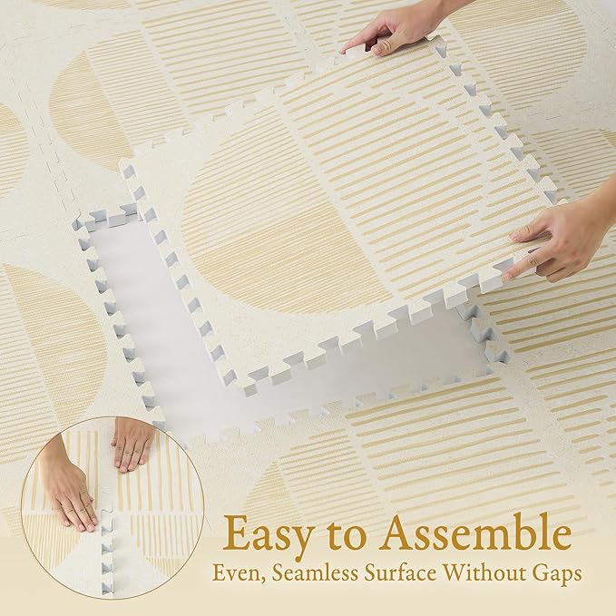 PopsyKosy Premium Baby Floor Play Mat - Extra Thick & Cushioned 1 inch Playroom Foam Mat, Non-Toxic Odorless - 6 Tiles - Spacious 6x4 ft. - Stylish & Large, Waterproof for Kids & Toddlers - Ecru Linen