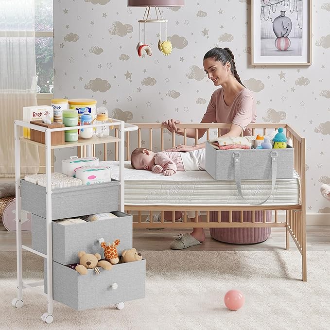 Modanais Baby Diaper Caddy Organizer Cart with Drawers - 3In1 Rolling Storage Cart with Wheels, Removable Diaper Caddy, Detachable Dividers - for Crib, Bedroom, Art & Craft Organizer (Light Gray)
