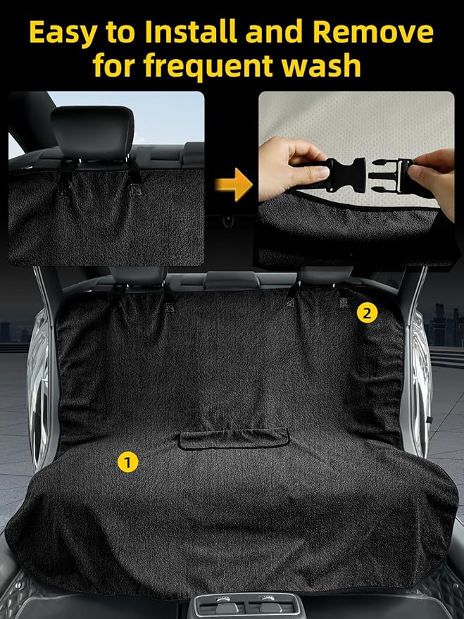 ZIMABLUE Terry Cloth Back Seat Cover Black Universal Waterproof Car Sport Towel Seat Cushion Sweat-Absorbent Towel Cloth Suitable for All Seasons Waterproof Beach Seat Cover Washable