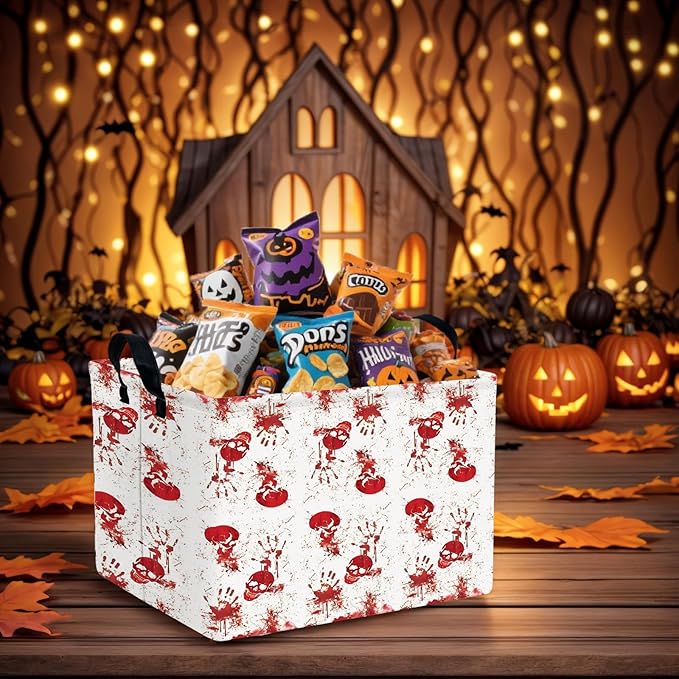 ASKETAM Halloween Basket Gift Terror Ghost Parties Decor Kid Trick or Treat Basket for Boys and Girls Rectangular Storage Bin Box (Blood Fingerprint)
